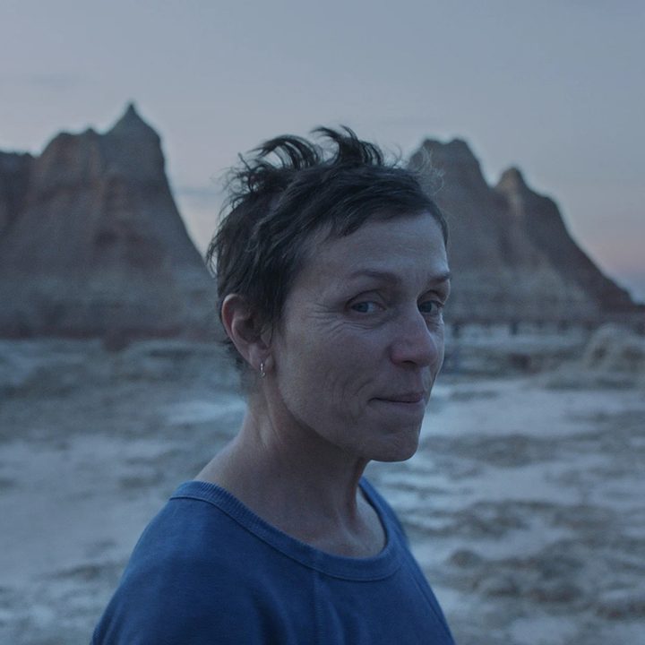 Frances McDormand smiles while standing in the desert in Nomadland.