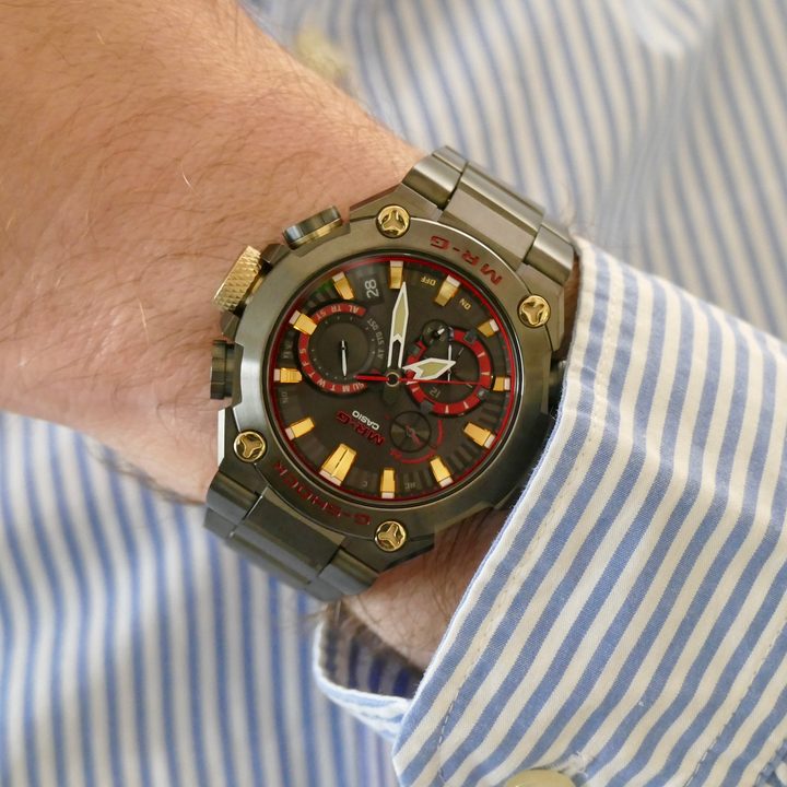 The G-Shock MRG-B2000B on a man's wrist showing the dial.