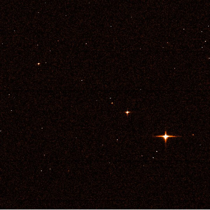 Gaia’s sky mapper image showing the James Webb Space Telescope. The reddish colour is artificial, chosen just for illustrative reasons. The frame shows a few relatively bright stars, several faint stars, a few disturbances – and a spacecraft. It is marked by the green arrow.