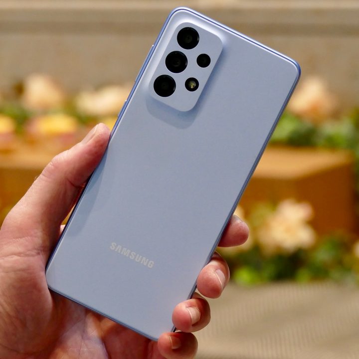 Rear view of the blue Samsung Galaxy A53 5G.