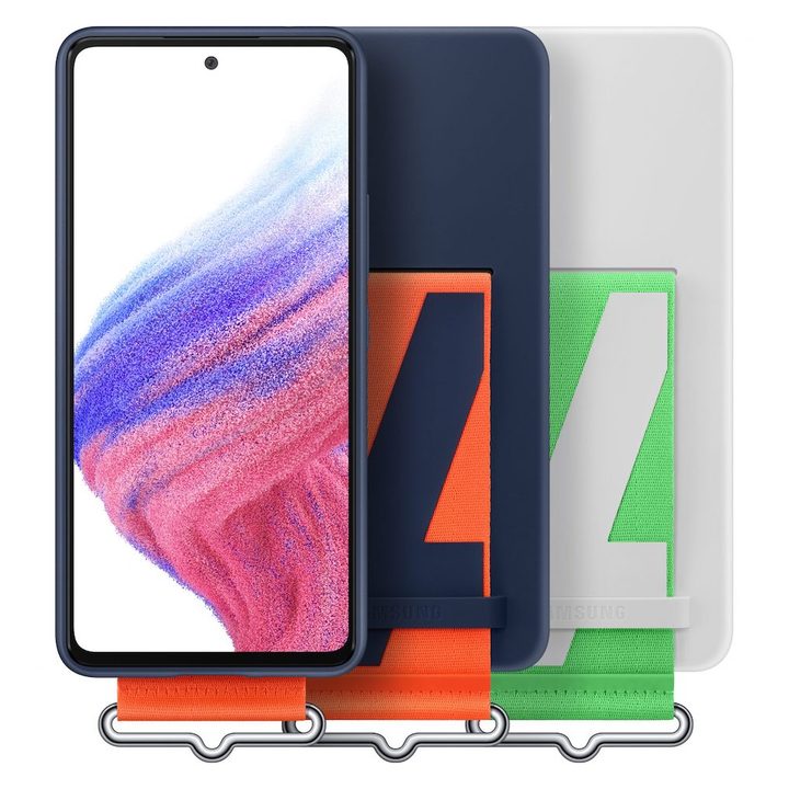 The Samsung Galaxy A53 5G with Silicone Case and strap.