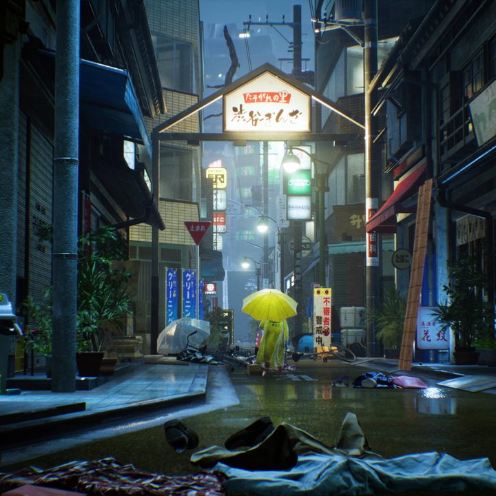 A spirit in a yellow raincoat stands on a street in Ghostwire: Tokyo.