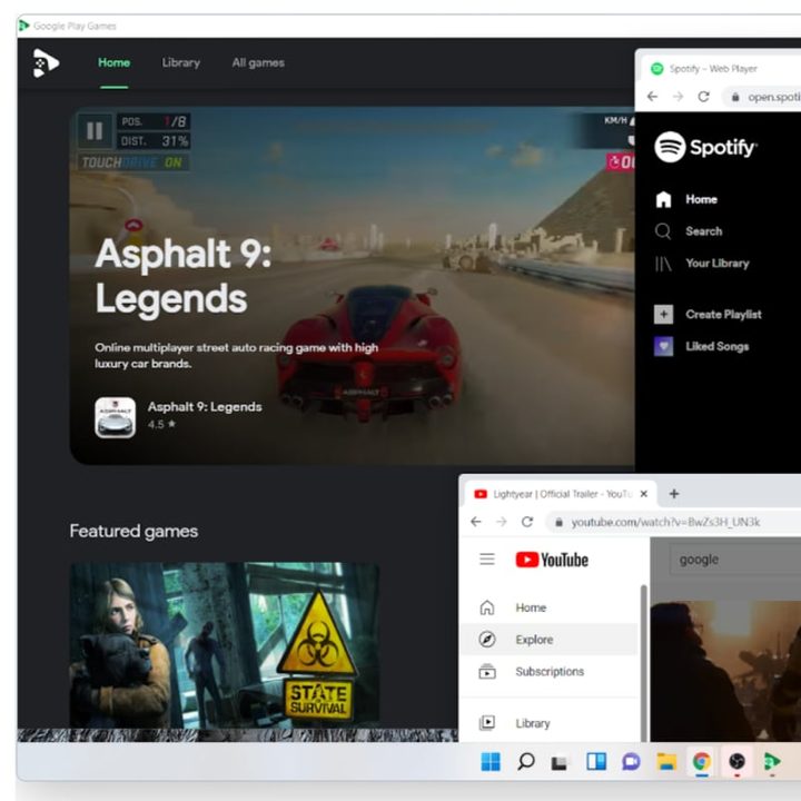 Screenshot of Windows PC with multiple windows showing Asphalt 9 on Google Games for PC.