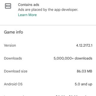 A screenshot of the Google Play Store listing for "Microsoft Solitaire Collection" that's missing the "last updated" information per the new store update.