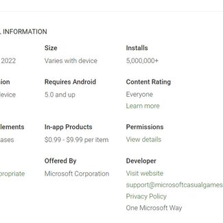 A browser screenshot of the Google Play Store listing for "Microsoft Solitaire Collection" that includes the "last updated" information.