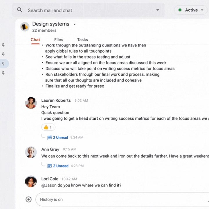 A screen shot shows Inline threads, which are coming to Google Spaces.