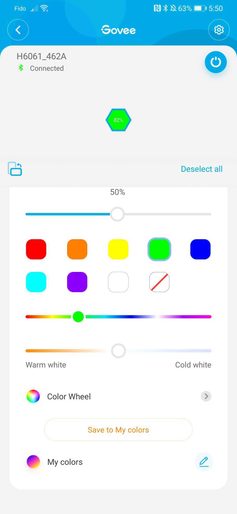 Screenshot of Govee app for changing color of a light tile.