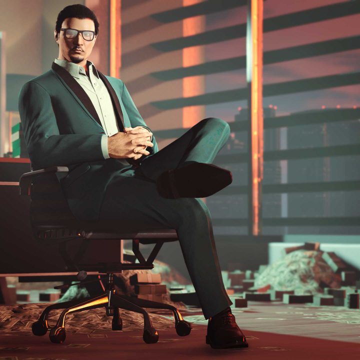 A CEO sits surrounded by piles of cash in GTA Online.