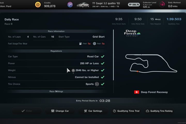 Car requirements for daily race B in Gran Turismo 7 Sport Mode.