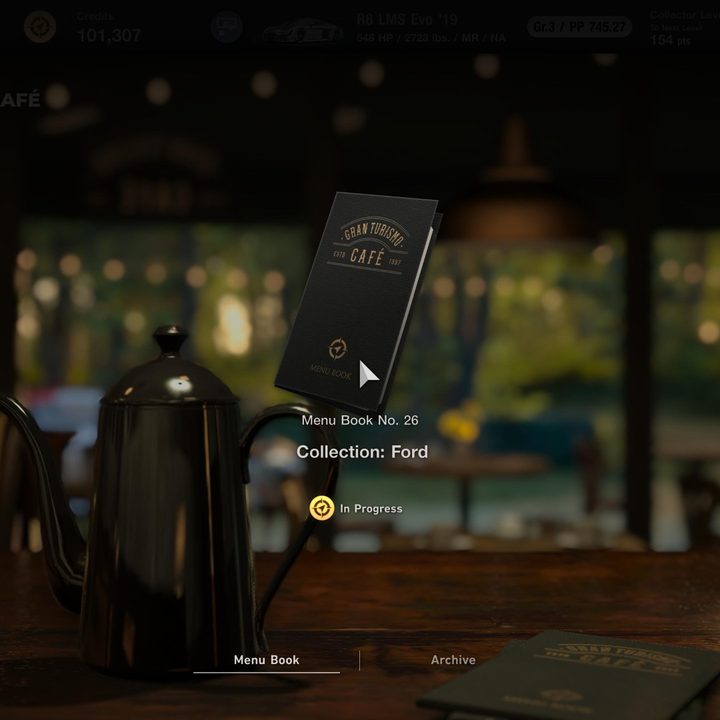 Menu book hovering in the cafe in Gran Turismo 7.