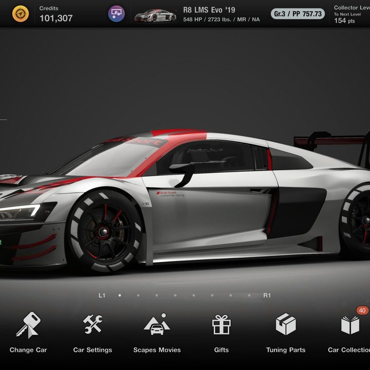 The R8 LMS Evo car in Gran Turismo 7.