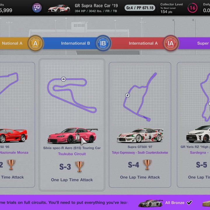 The Super license section featuring many supercars in Gran Turismo 7.