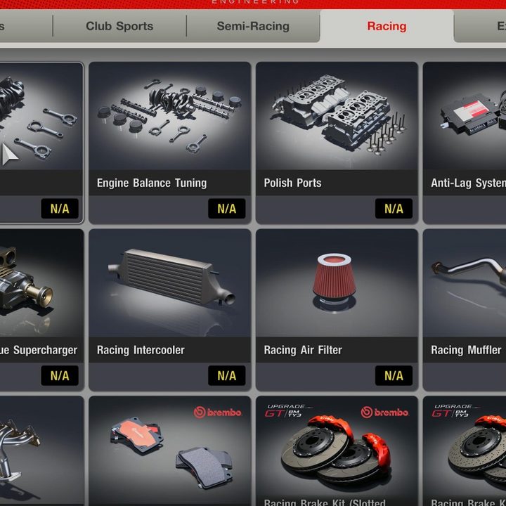 Items used to upgrade your car in Gran Turismo 7 laid out in the Tuning Shop.