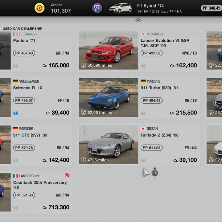 Cars listed in the used car lot in Gran Turismo 7.