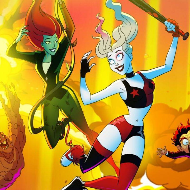 Poison Ivy and Harley Quinn falling together, with Clayface and Doctor Psycho in the background.