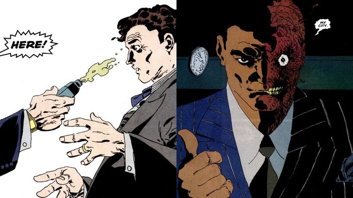 Split image of Harvey getting acid thrown in his face and scarred as Two-Face in the comics.