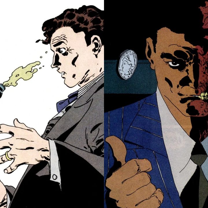 Split image of Harvey getting acid thrown in his face and scarred as Two-Face in the Batman comics.