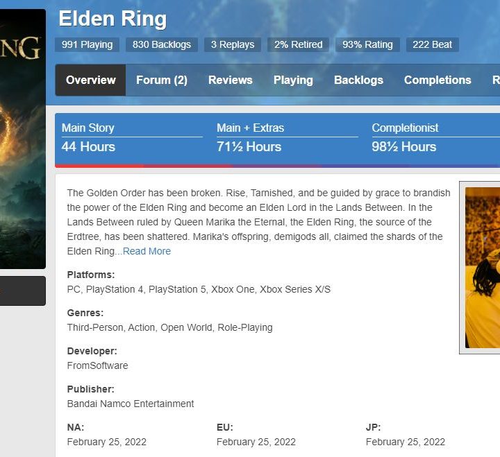 A How Long to Beat web page shows data for Elden Ring.