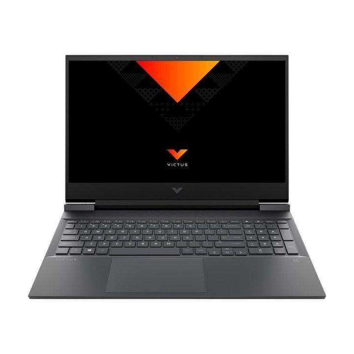 HP Victus 16 gaming laptop sits open on white background.