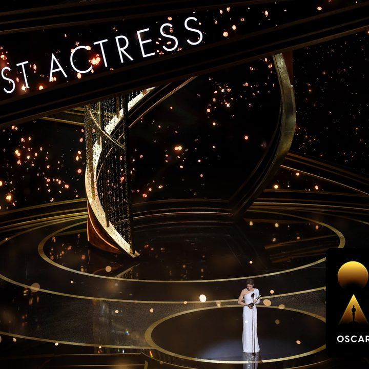 An "Oscars Week" badge on an image of Renée Zellweger during her 2019 Best Actress acceptance speech.