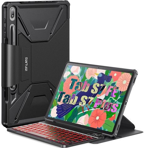 The Galaxy Tab S8 is propped in the Infiland backlit keyboard case, showing off the seven-color backlighting options.