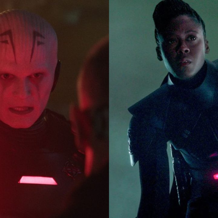 Split image of the Grand Inquisitor igniting his lightsaber and the Third Sister.