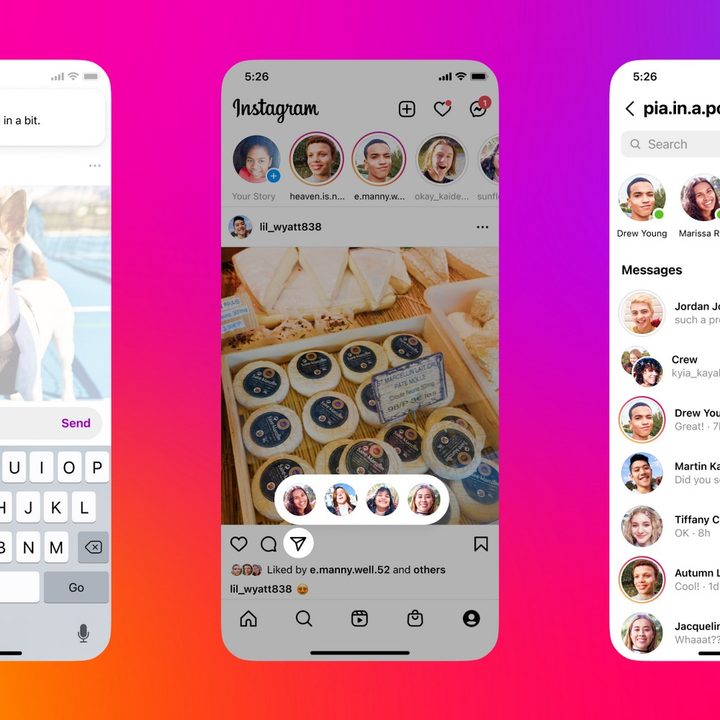 A graphic featuring three smartphone displays shows the quick send feature on Instagram.