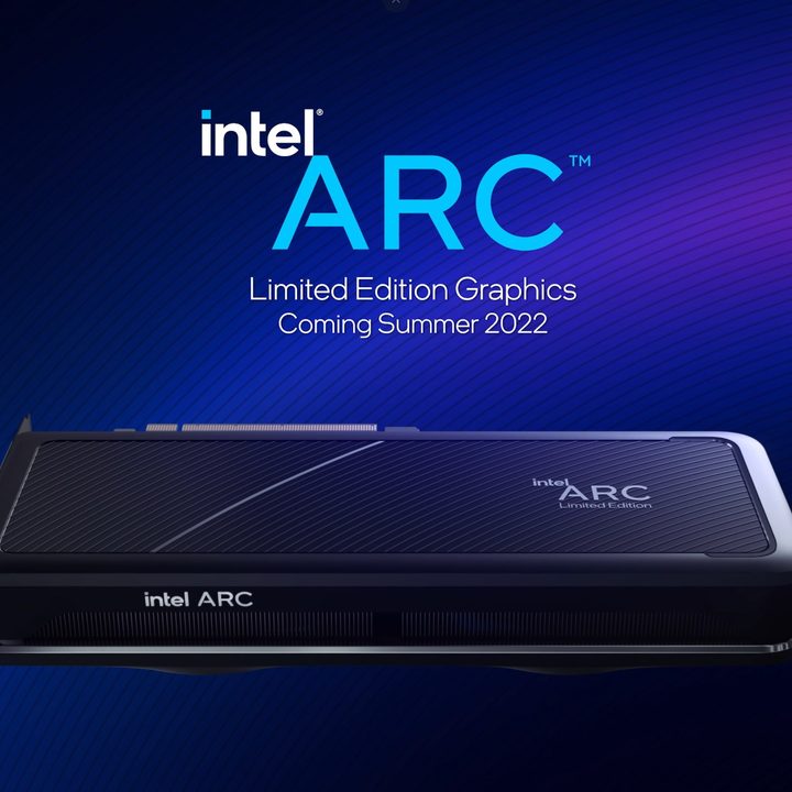 Intel Arc Alchemist reference design render shows a graphics card on a blue background.