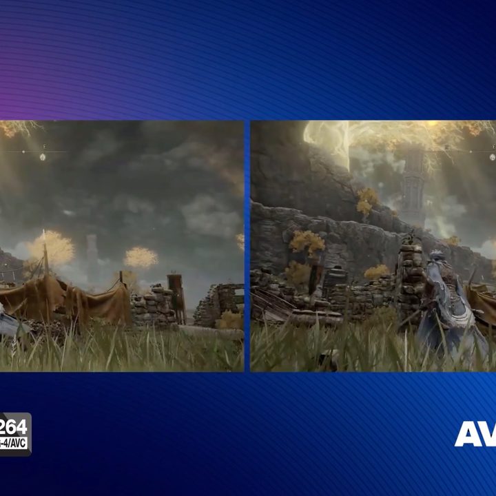 A comparison uses Elden Ring to show how Intel Arc's AV1 support delivers much better streaming performance.