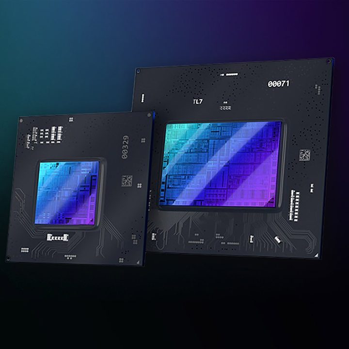Two Intel Arc chips in front of a blue and purple gradient background.