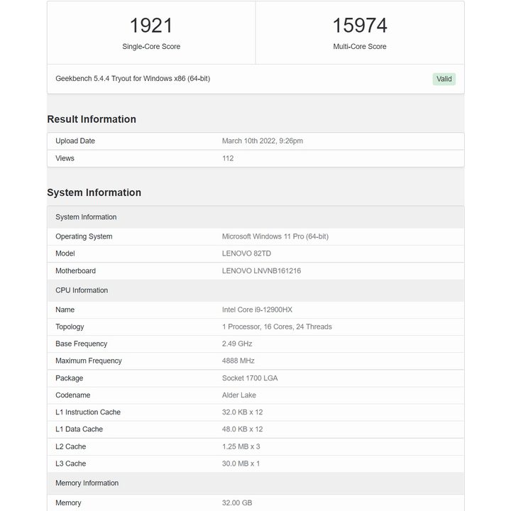 Benchmarks for the Core i9-12900HX laptop CPU.