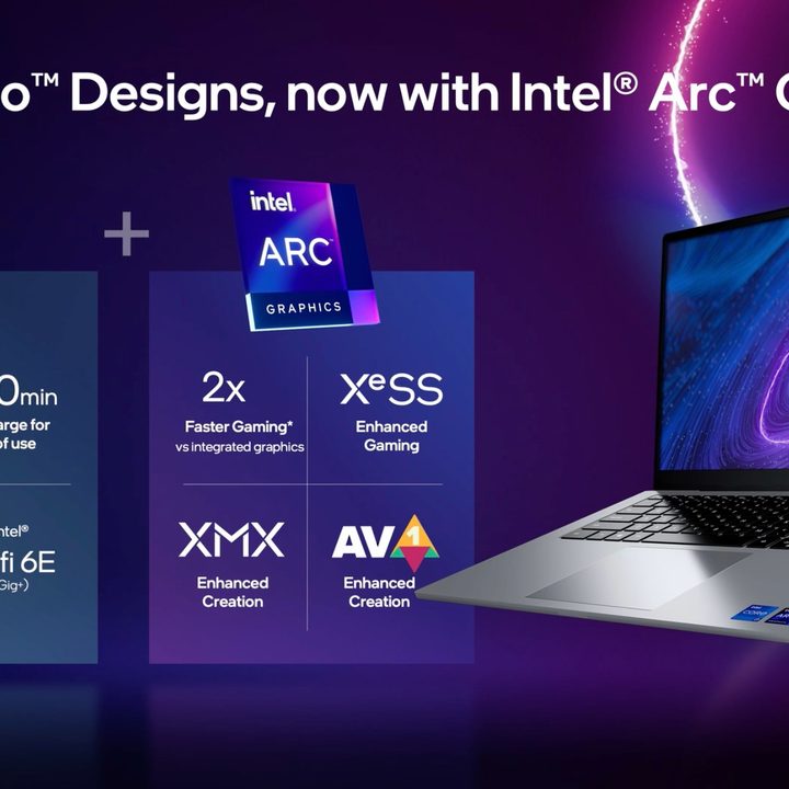A graphic featuring a laptop outlines how Intel EVO with Arc delivers impressive battery life.