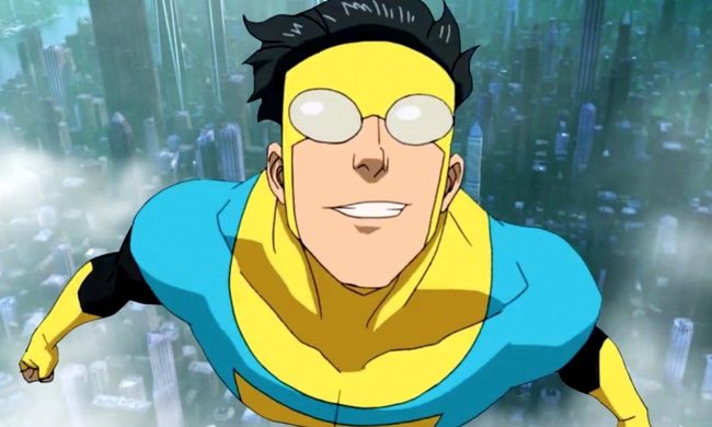 Mark as an Invincible flying above the cityscape.