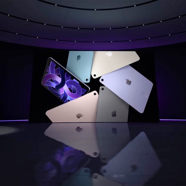 The new iPad Air in all its colors at Apple's Peek Performance event.