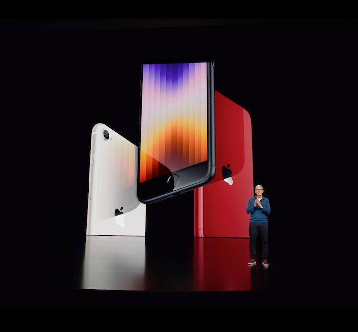Apple CEO Tim Cook introduces the iPhone SE 2022 at Apple's Peek Performance event.