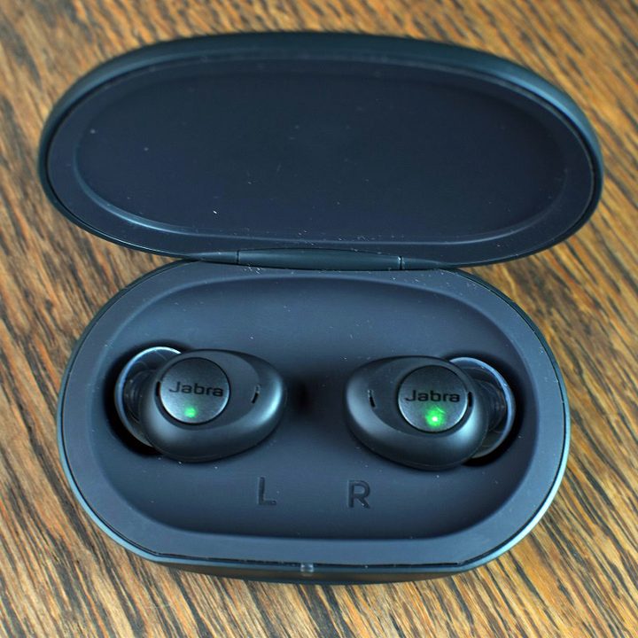 Jabra Enhance Plus earbuds with LED indicators on.