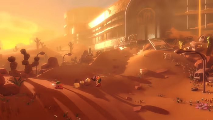 Kirby explores a desert in Kirby and the Forgotten Land.