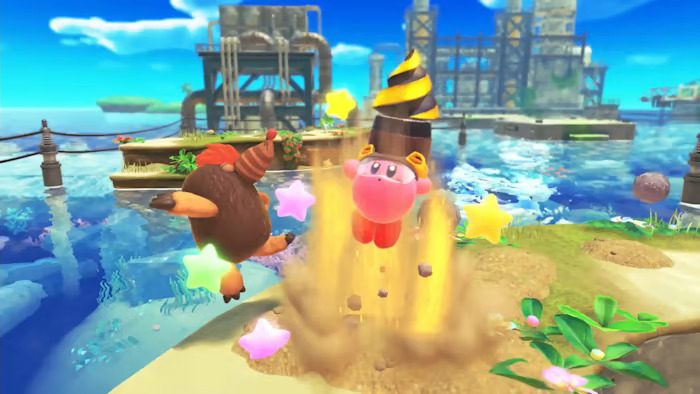 Kirby drills a mole in Kirby and the Forgotten Land.