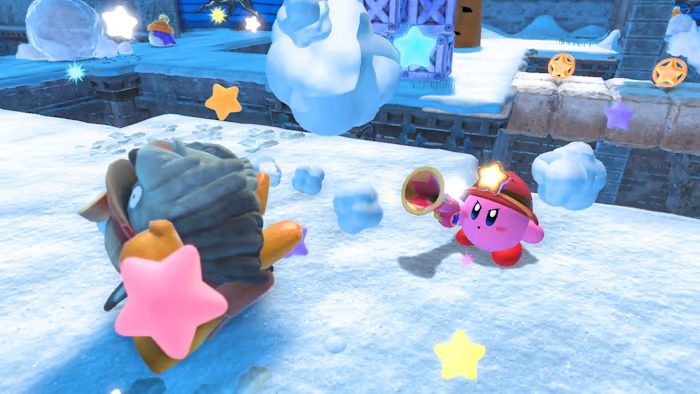 Kirby shoots an enemy in Kirby and the Forgotten Land.