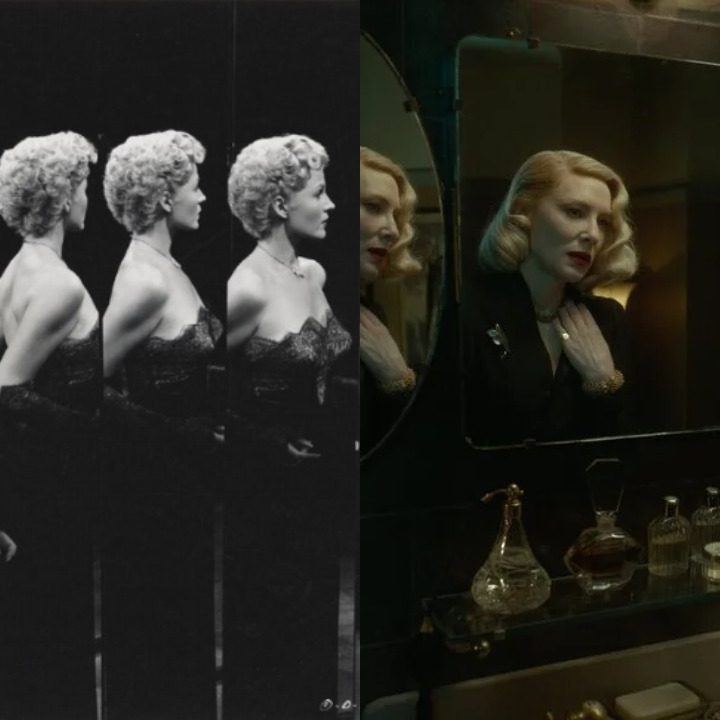 Split image of Rita Hayworth in The Lady from Shanghai & Cate Blanchett in Nightmare Alley.
