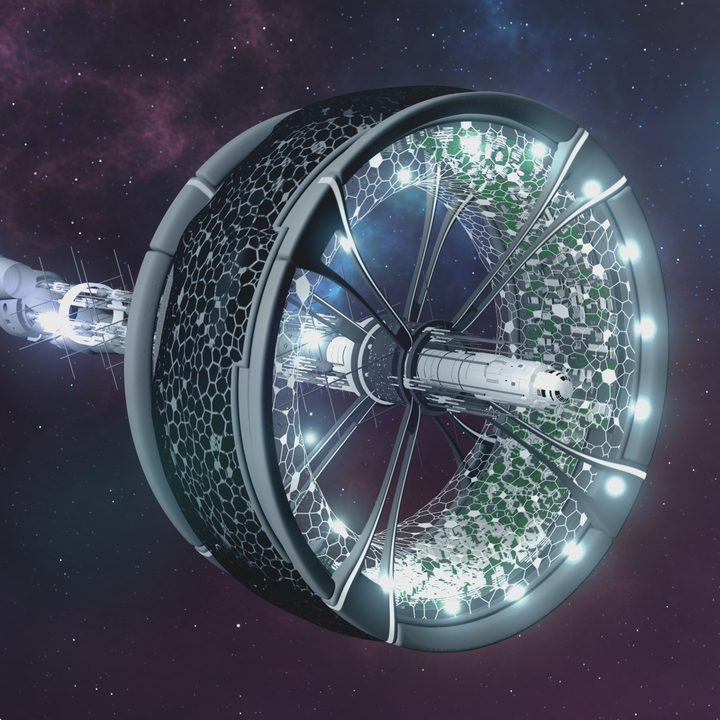 A generational spacecraft spins through the stars in a scene from Last Exit: Space.