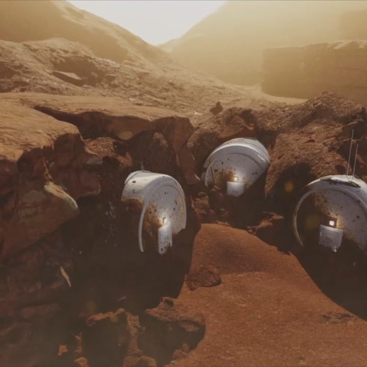 An illustration of bunkers built into the surface of Mars.