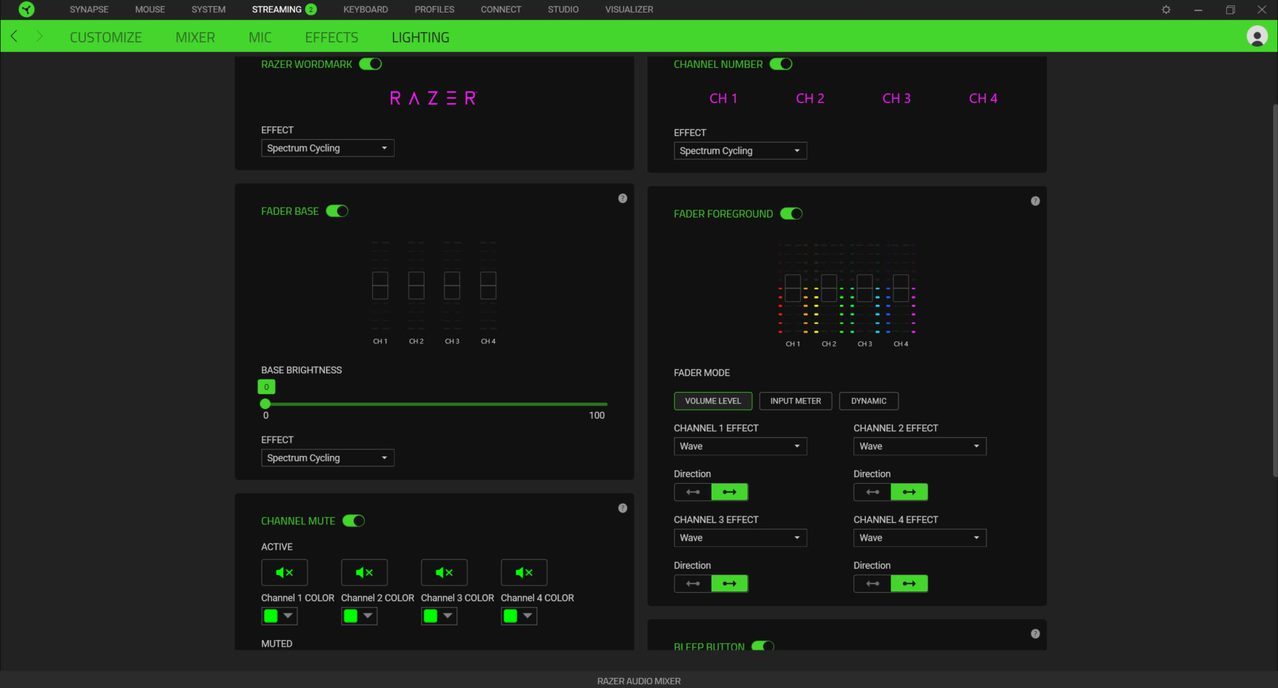 Razer Audio Mixer Synapse Lighting tab.