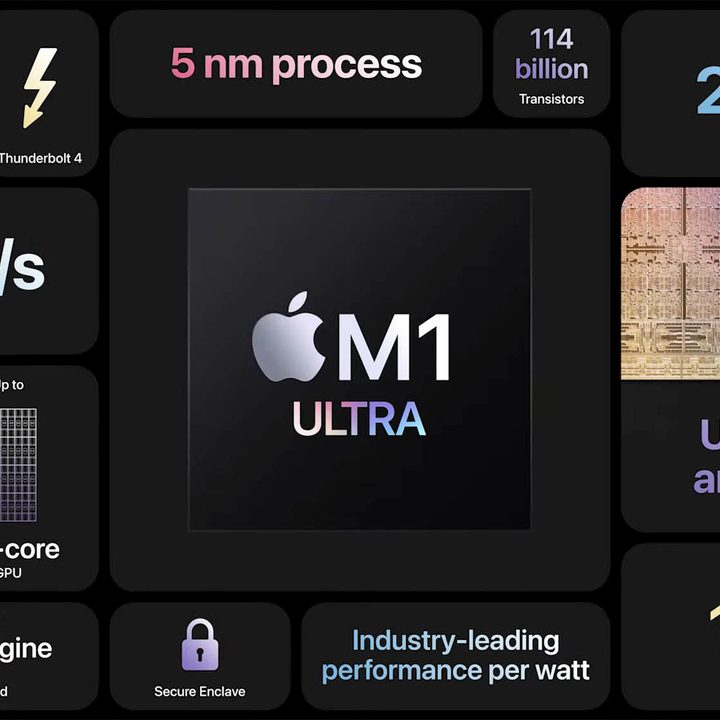 A chart provides details on Apple's M1 Ultra chip at the Peek Performance event.