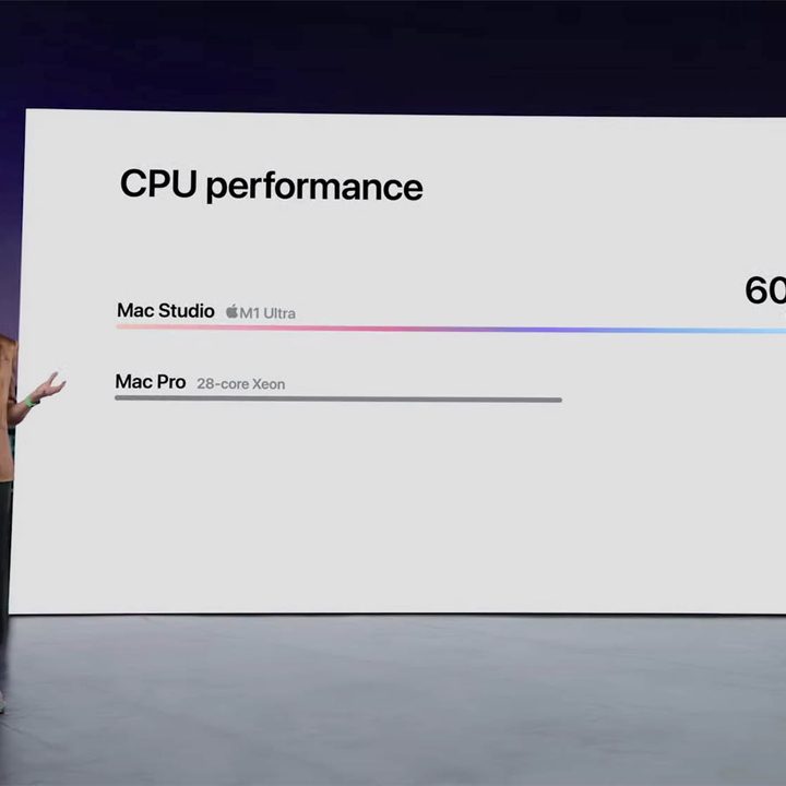 A woman speaks about the Mac Studio's performance during its unveiling at Apple's Peek Performance event.
