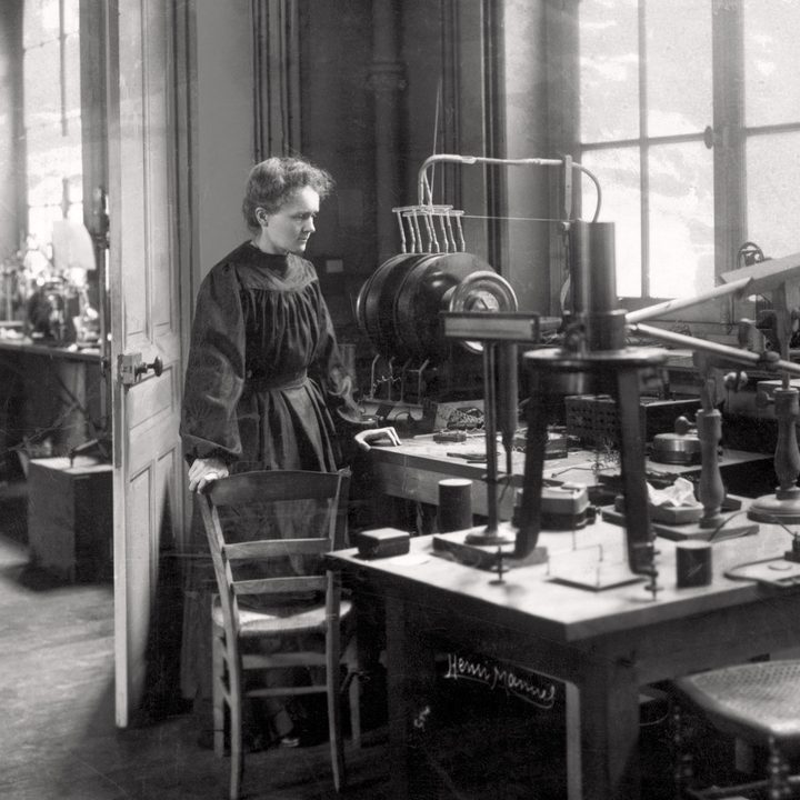 Madame Curie in her laboratory ca. 1905. From a rare photograph