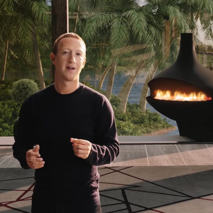 Meta CEO Mark Zuckerberg makes a presentation on a patio with palm trees behind him.