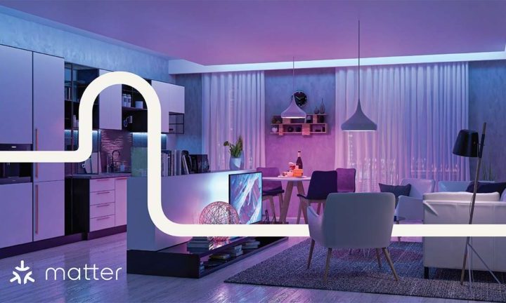 A promo image shows a living room area lit with smart lights and features the Matter logo and waveform.