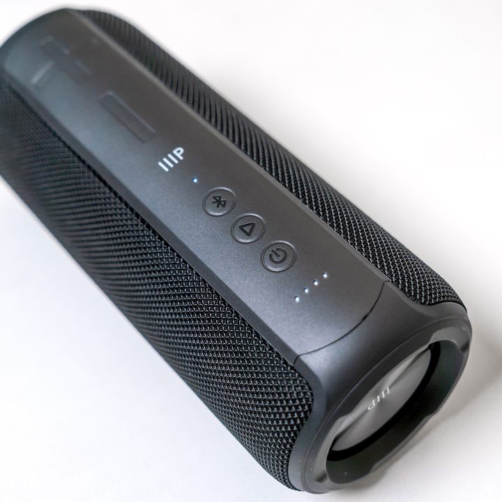 A close-up view of the buttons on the Monoprice Harmony Capsule 200.