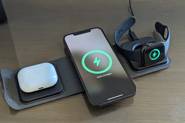 Mophie 3-in-1 MagSafe travel charger with AirPod Pro, iPhone 12 Pro Max, and Apple Watch Series 5 charging on top.